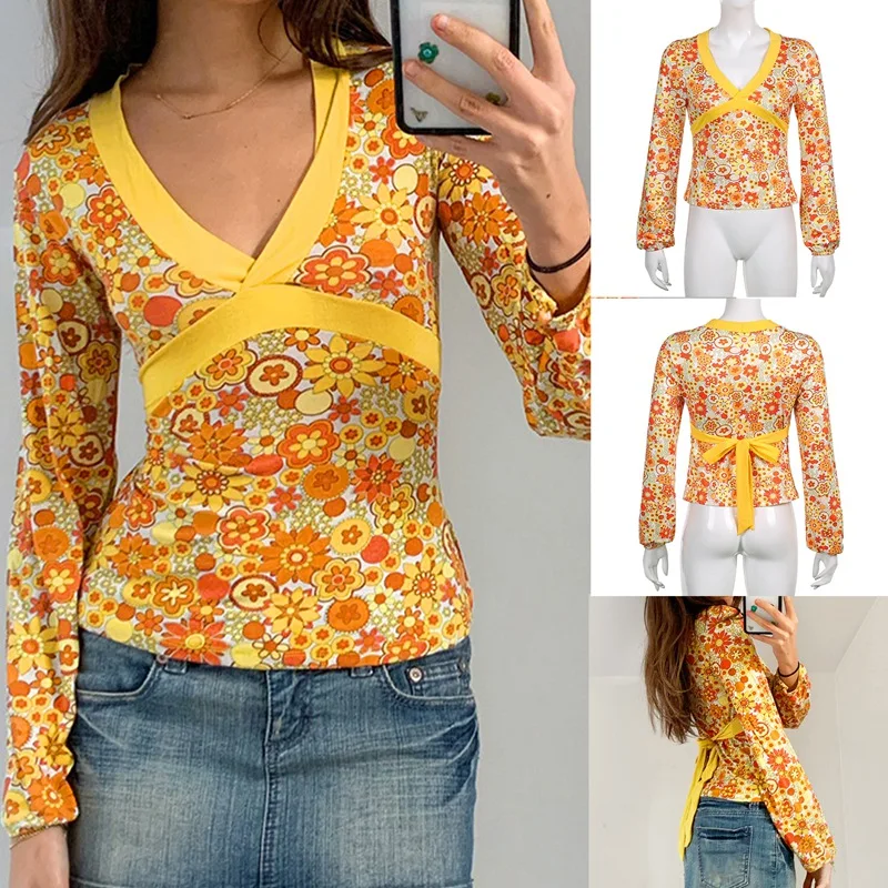 Floral Printed Y2K T-Shirts Women Aesthetic Kawaii Clothes Contrast Tie Up V Neck Long Sleeve Baby Tee Autumn 
Floral Printed Y2K T-Shirts Women Aesthetic Kawaii Clothes Contrast Tie Up V Neck Long Sleeve Baby Tee Autumn