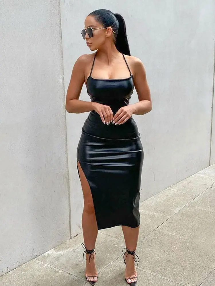 Платье-миди из искусственной кожи без рукавов с высоким разрезом и открытой спиной
Платье-миди из искусственной кожи без рукавов с высоким разрезом и открытой спиной