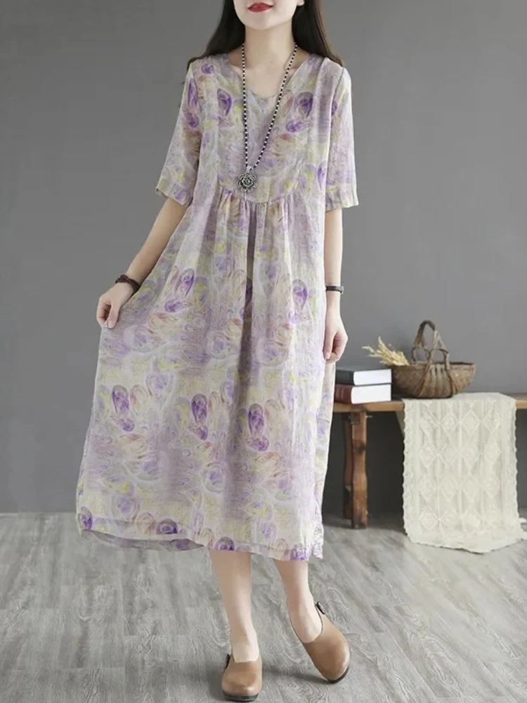 Summer New Women's Clothing Harajuku Dress Cotton Linen Short Sleeve Dress Loose Basic Temperament Slim Print Women Dress 
Summer New Women's Clothing Harajuku Dress Cotton Linen Short Sleeve Dress Loose Basic Temperament Slim Print Women Dress