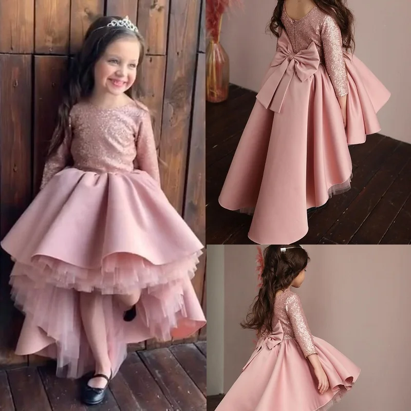

Pageant Blush Pink Sparkling Sequined Flower Girl Dresses Hi-Lo Little Girl Ball Gown for Wedding Girls First Communion Gowns