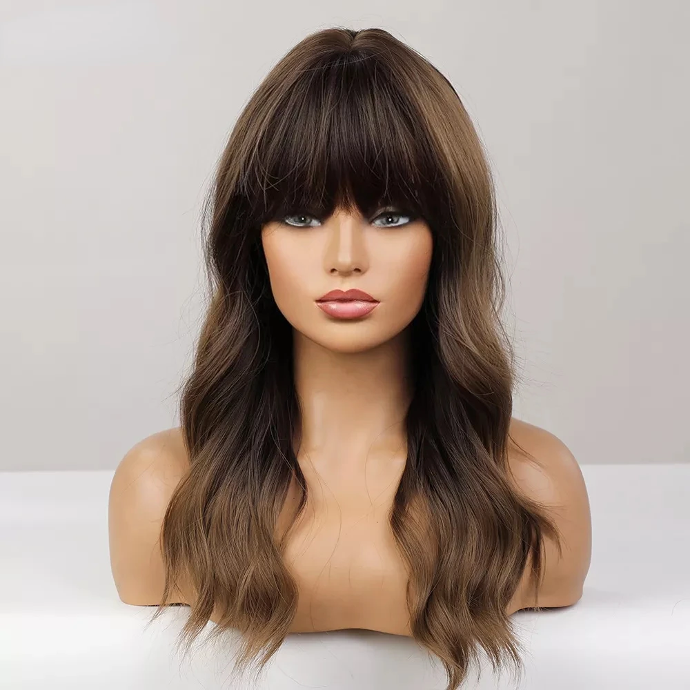 

WigMVP Synthetic Chestnut Brown Wig with Bangs for Women Natural Long Water Wavy Cosplay Hairstyle Heat Resistant Fiber Hair Wig