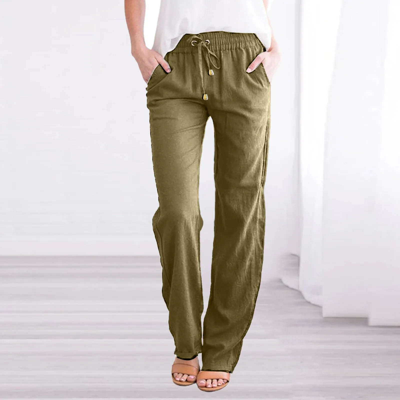 

Женские брюки с эластичной резинкой на талии, однотонные широкие брюки, свободные штаны для йоги, Женские Ретро хлопковые льняные прямые брюки, штаны на завязках