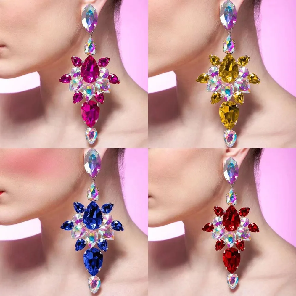 

Gorgeous Rhinestone Acrylic 4 Colors Water Drop Pendant Earrings for Women Crystal Geometric Big Gem Dangle Earrings Wholesale