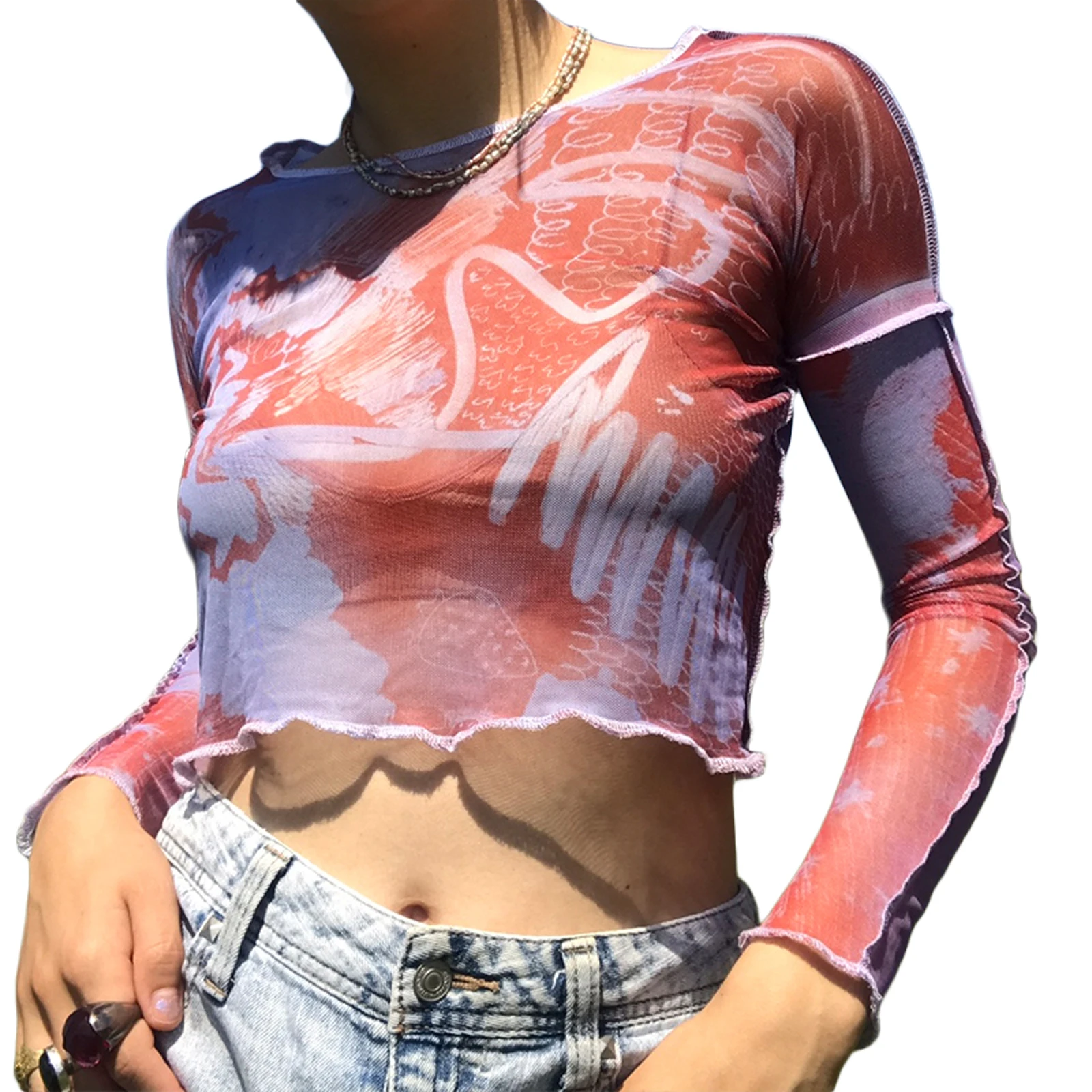 Women Clothing Summer Polyester Printed Crop Tops Round Neck Long Sleeve See Through Mesh Ruffle Hem T-shirts
Women Clothing Summer Polyester Printed Crop Tops Round Neck Long Sleeve See Through Mesh Ruffle Hem T-shirts