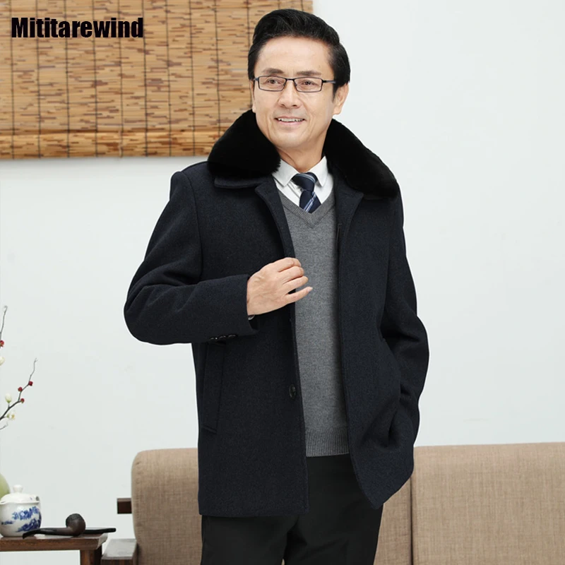 Классическая мужская зимняя куртка для мужчин среднего возраста деловое повседневное шерстяное пальто со съемным меховым воротником на пуговицах флисовое утепленное пальто простое теплое