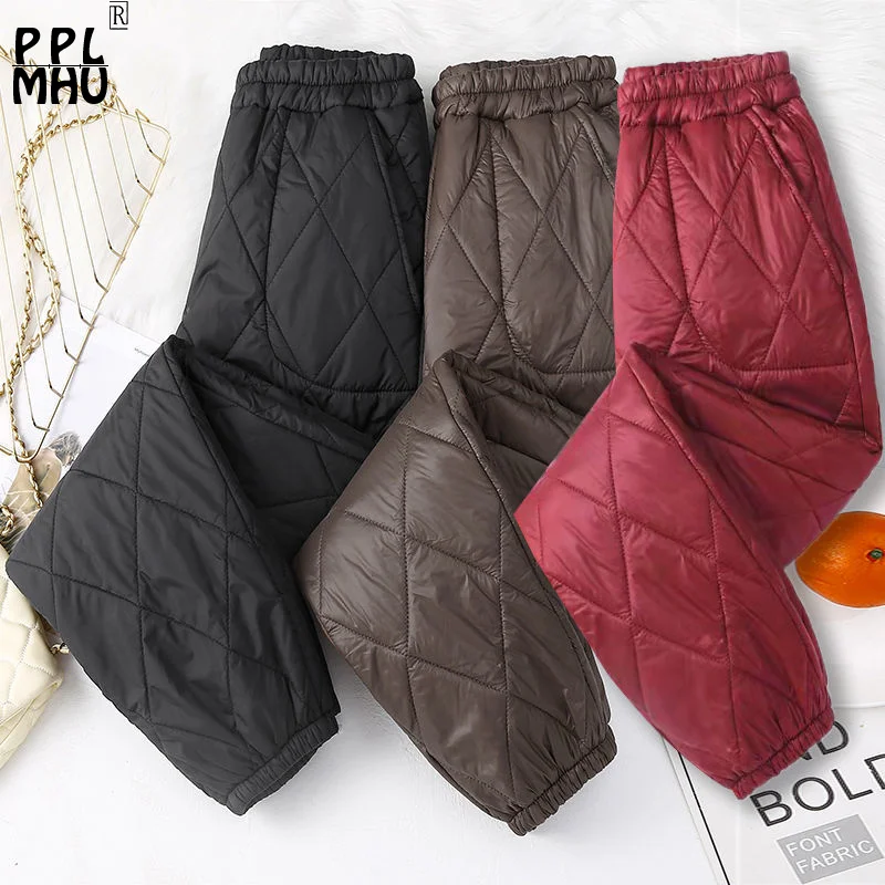 

Snow Winter Jogger Down Pants Women Solid Color Argyle Elastic High Waist Cotton Pantalones Windproof Bottoms Warm Harem Pants