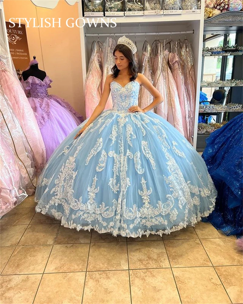 

Небесно-голубое милое платье Quinceanera бальное платье с бисером аппликации Милые 15 Vestidos De XV лет с открытыми плечами для дня рождения