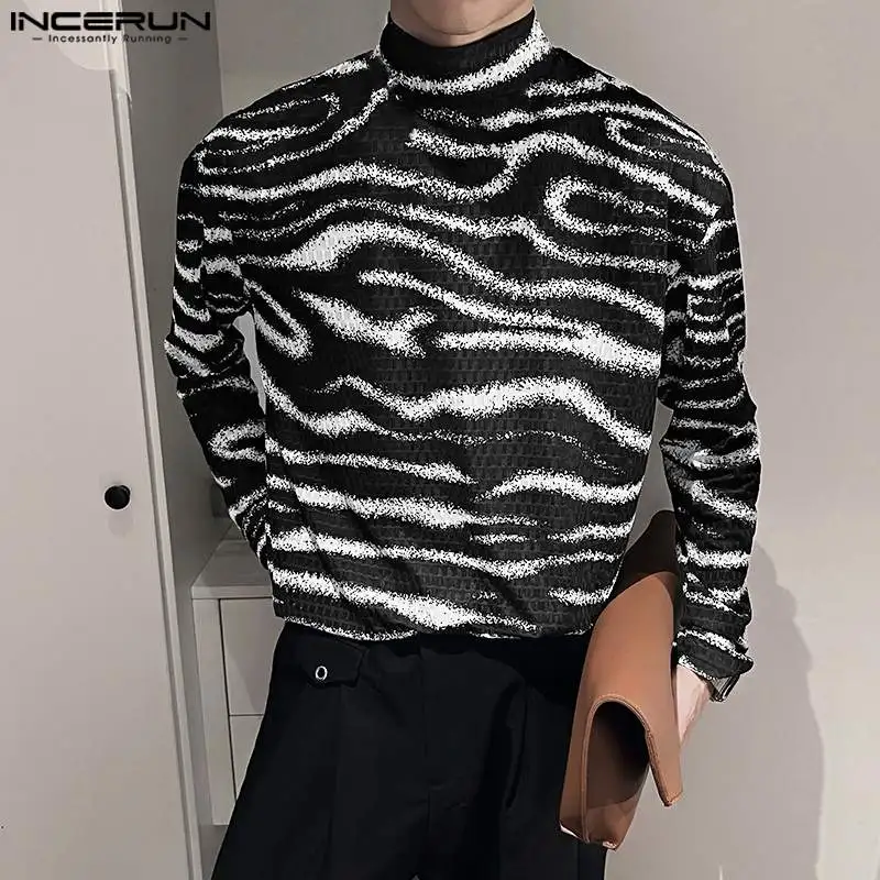 

INCERUN Tops 2023 Handsome Men's Half High Collar Ripple Striped T-shirts Casual Streetwear Hot Sale Long Sleeved Camiseta S-5XL