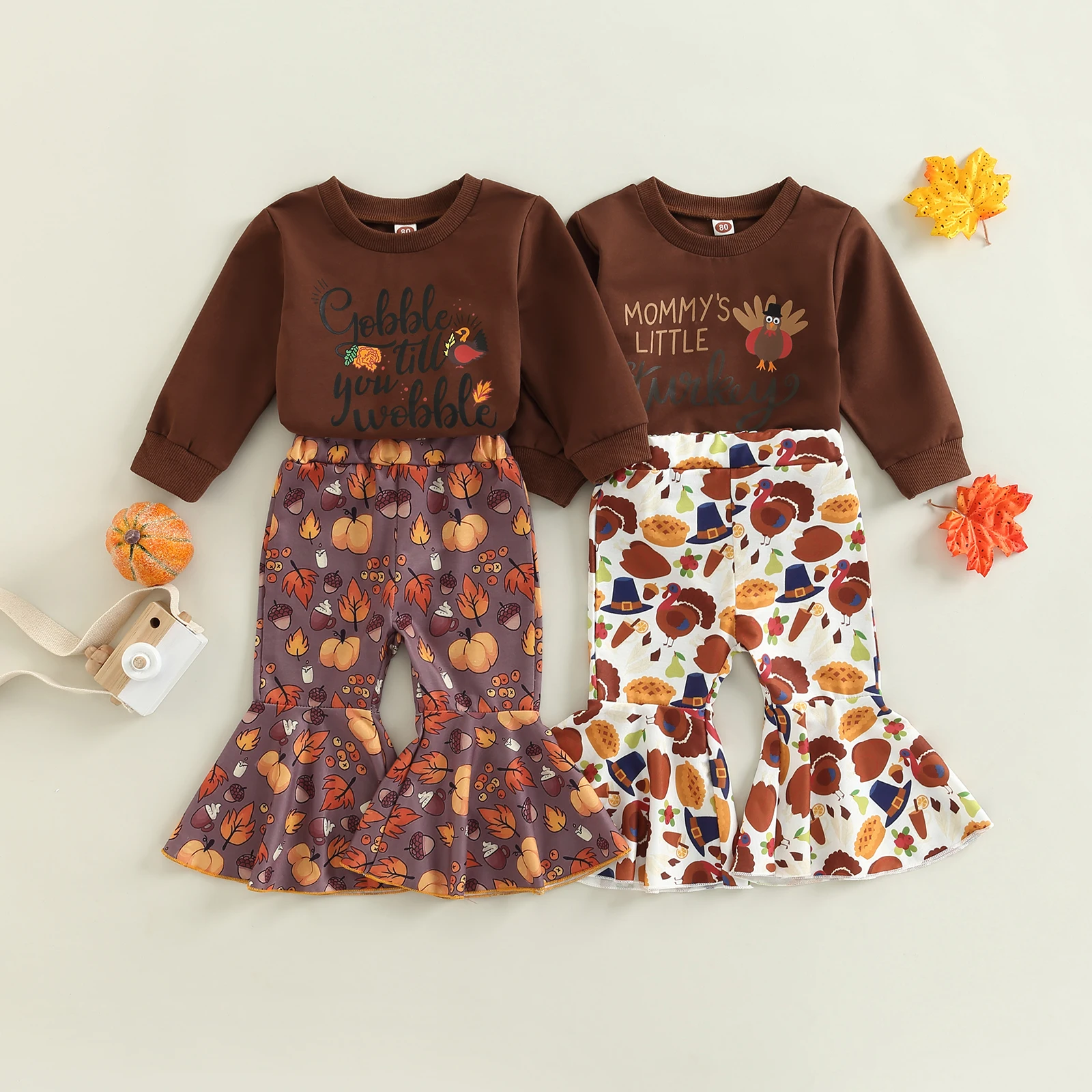 Kids Girls Fall Outfits Turkey Letter Print Long Sleeve Tops and Casual Maple Leaf Pumpkin Print Flare Pants Set 
Kids Girls Fall Outfits Turkey Letter Print Long Sleeve Tops and Casual Maple Leaf Pumpkin Print Flare Pants Set
