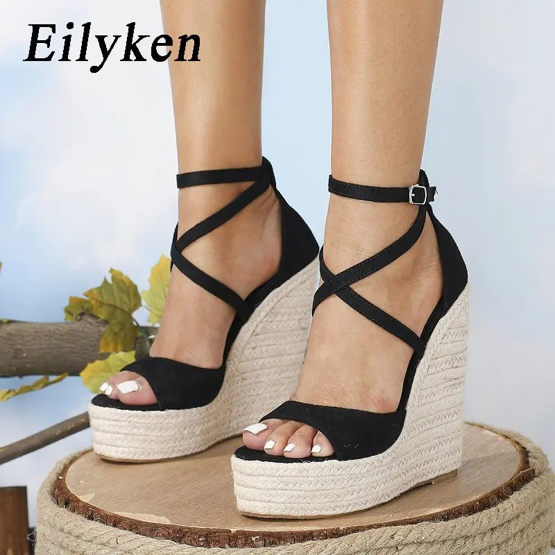 

Eilyken/женские летние однотонные черные Босоножки с открытым носком и ремешком на щиколотке; Модная обувь на платформе с закрытой пяткой; Обувь на танкетке; Zapatos Mujer