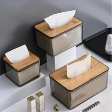 Nordic Minimalist Wooden Tissue Box Cover Holder Organizer Modern Desktop Transparent Rectangular Bamboo Facial Tissue Dispenser
