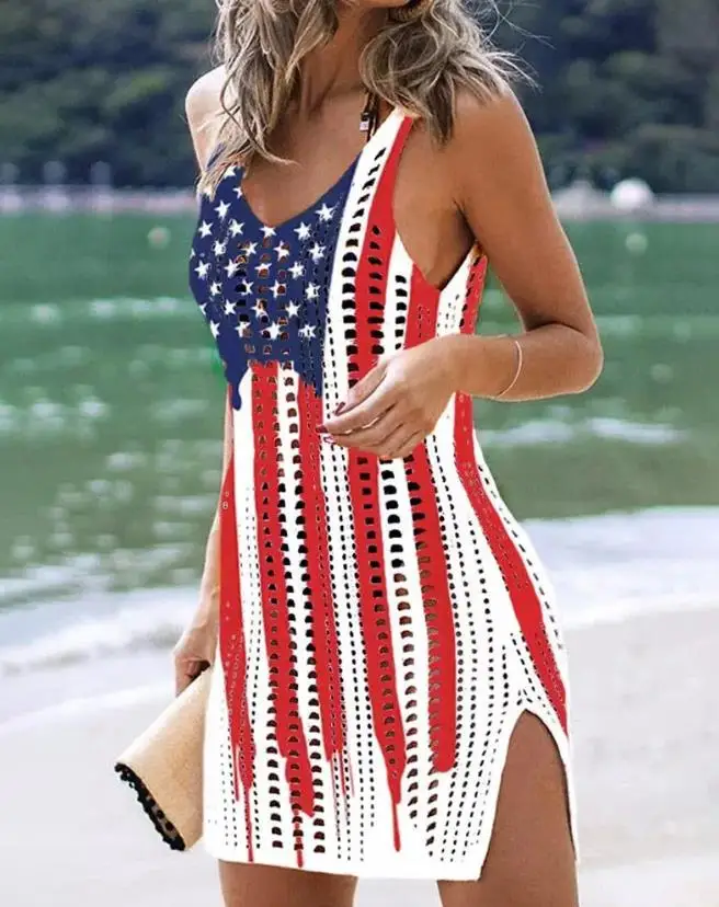 Hollow Out Flag Printed Crochet Cover V-Neck Sleeveless Slim Fitting Shirt Dress Women's New Hot Selling 
Hollow Out Flag Printed Crochet Cover V-Neck Sleeveless Slim Fitting Shirt Dress Women's New Hot Selling