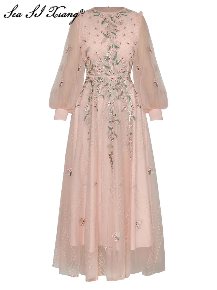 Женское длинное Сетчатое платье с круглым вырезом и рукавами-фонариками 
Женское длинное Сетчатое платье с круглым вырезом и рукавами-фонариками