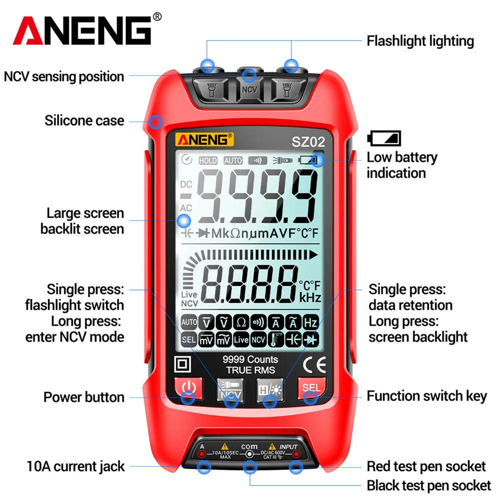 9999 Counts Digital Multimeter DC AC Voltage Current True RMS NCV Multimeter Resistance Frequency High Precision with LED Lights
9999 Counts Digital Multimeter DC AC Voltage Current True RMS NCV Multimeter Resistance Frequency High Precision with LED Lights