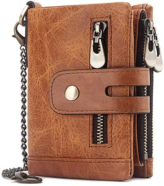 Men`s Leather Blocking Trifold Wallets Double Zipper Coin Pocket Purse with Anti-Theft Chain Bikers Wallets
Men`s Leather Blocking Trifold Wallets Double Zipper Coin Pocket Purse with Anti-Theft Chain Bikers Wallets