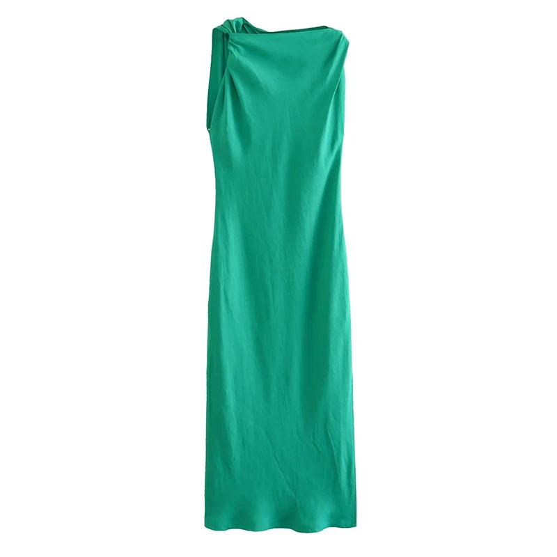 

YENKYE 2023 Women Green Ruched Linen Blend Long Dress Sexy Side Slit Sleeveless Female Summer Dresses