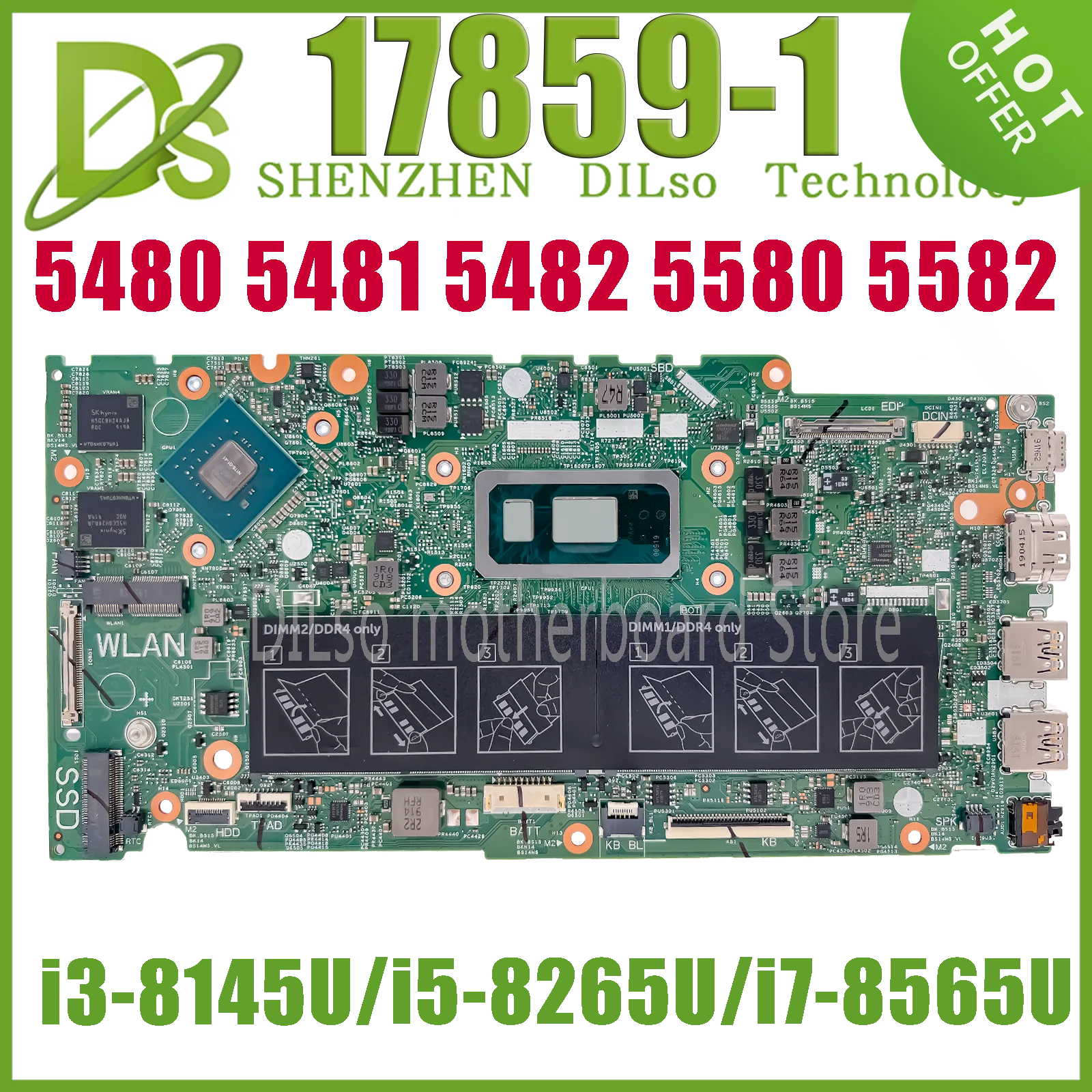 

KEFU 17859-1 For DELL Inspiron 14 5480 5481 5482 5488 15 5580 5582 Laptop Motherboard With i3-8145U i5-8265U i7-8565U DDR4*2 V2G