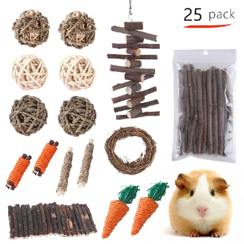 

25Pcs Bunny Chew Toy Hays Treats Grass Balls Wood Sticks Twigs Ladder Toy for Rabbit Hamster Guinea Pigs Teeth Cleaning Y5GB