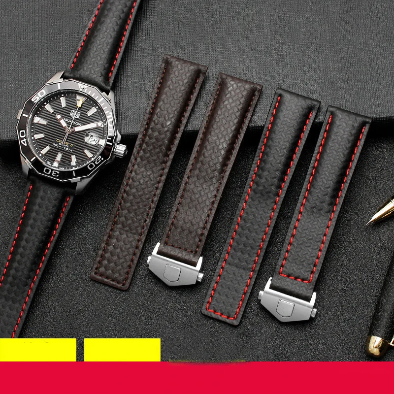 Carbon fiber texture genuine leather bottom watchband For TAG wristband men's black with red line strap 20mm with folding buckle
Carbon fiber texture genuine leather bottom watchband For TAG wristband men's black with red line strap 20mm with folding buckle