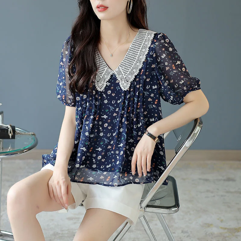 Women's Summer Fashion Lace Collar Patchwork Chic Kawaii Sweet Print Short Sleeve Chiffon Blouse Shirts Casual Loose Ladies Tops
Women's Summer Fashion Lace Collar Patchwork Chic Kawaii Sweet Print Short Sleeve Chiffon Blouse Shirts Casual Loose Ladies Tops
