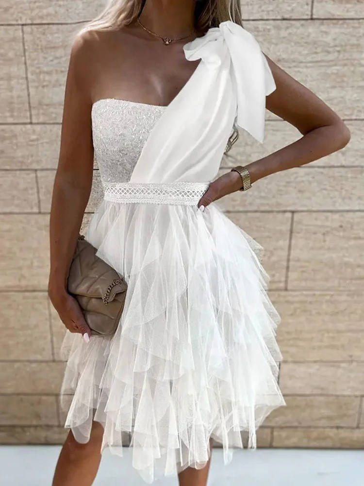 

Пикантное Летнее мини-платье на одно плечо со шнуровкой 2022, модное женское Сетчатое лоскутное вечернее платье, Элегантное свадебное платье,...