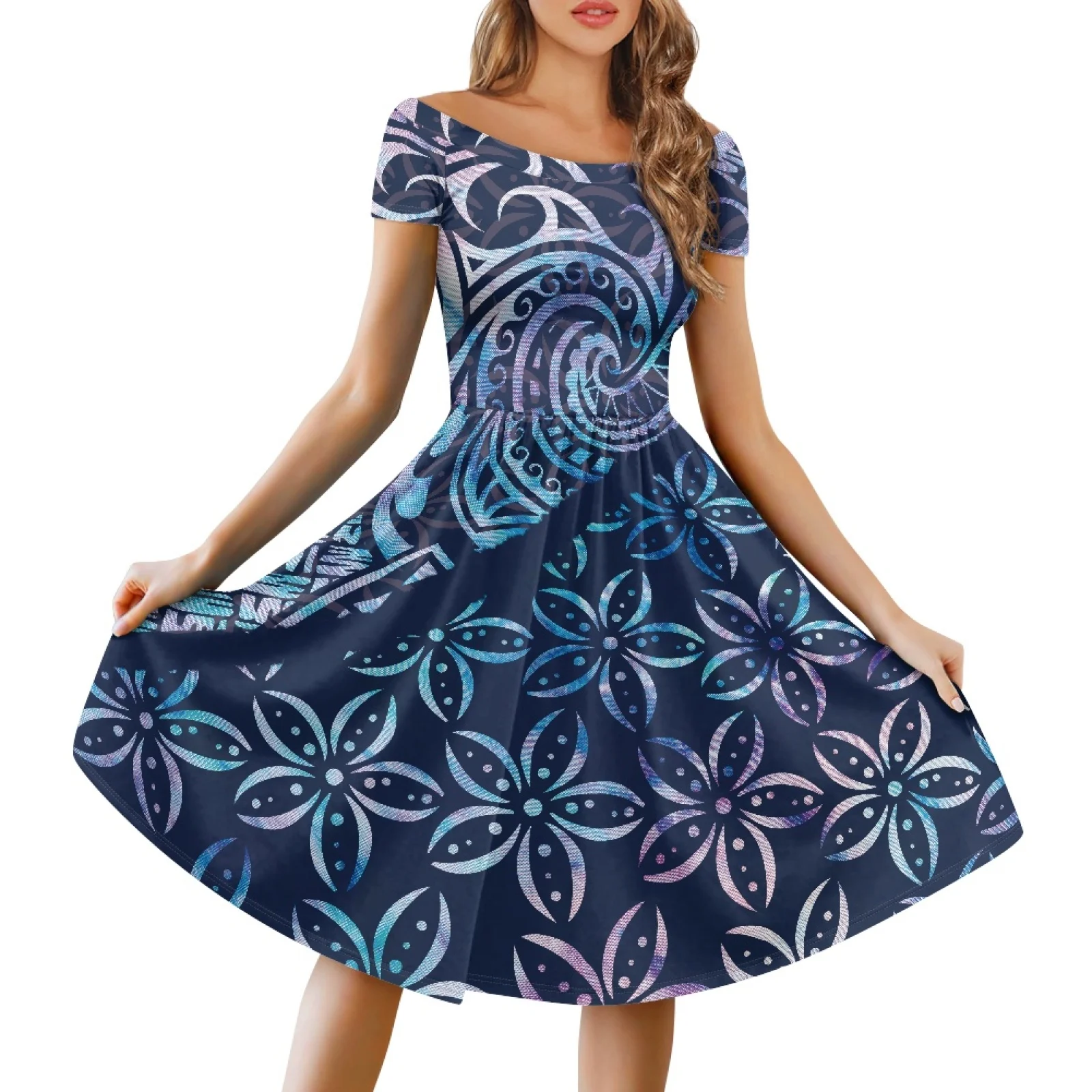 

Polynesian Tribal Pohnpei Totem Tattoo Prints Polyester Short Sleeve Off-The-Shoulder Dresses Cocktail Party Blue Print Dress
