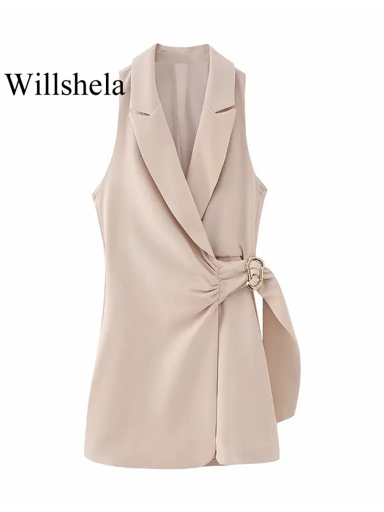 

Willshela Women Fashion With Hasp Khaki Blazer Style Jumpsuit Vintage Notch Neck Sleeveless Female Chic Lady Rompers