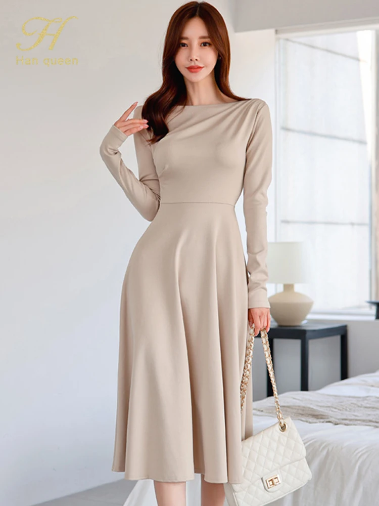 H Han Queen 2022 autumn dress new korean design high-waist A-line mid-length elegant long sleeves big swing casual party dresses
H Han Queen 2022 autumn dress new korean design high-waist A-line mid-length elegant long sleeves big swing casual party dresses