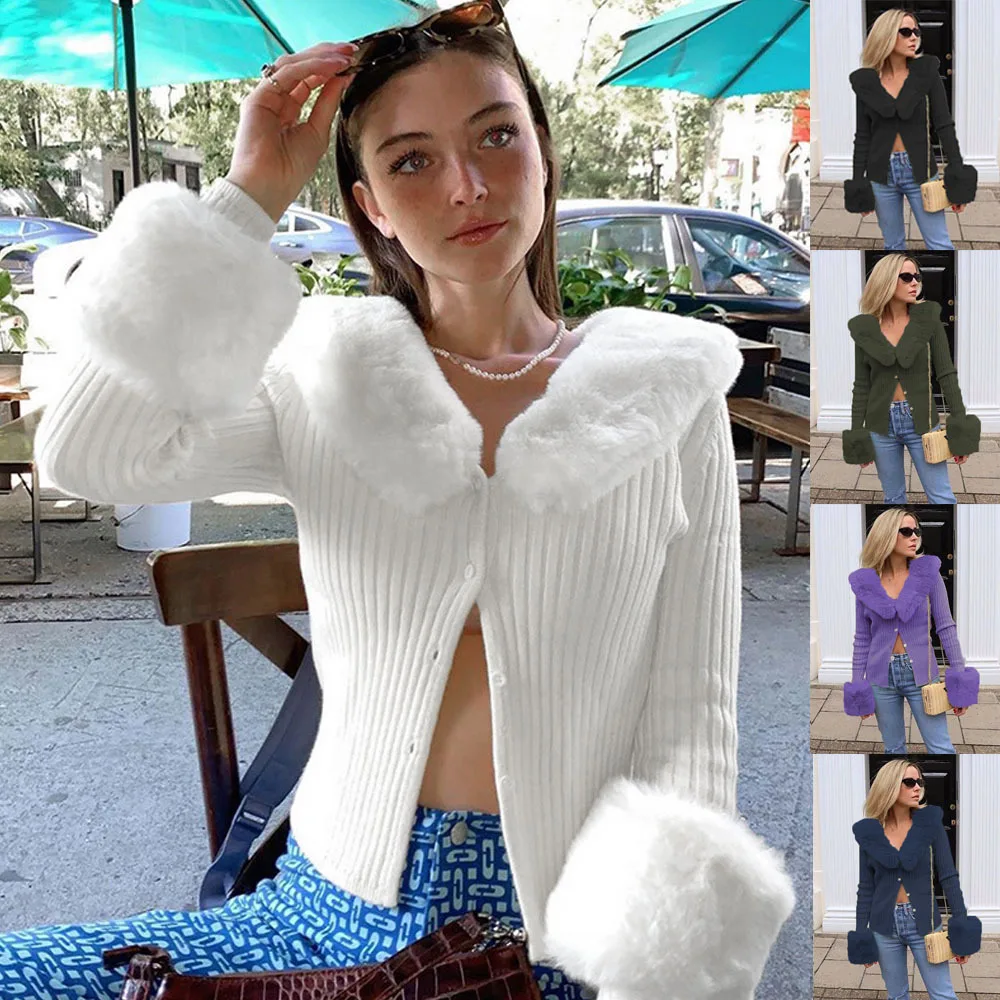 Ribbed Knitted Cardigans Sweaters With Fur Trim Collar Long Sleeve Slim Autumn Winter Jumpers Women Knitwear Chic
Ribbed Knitted Cardigans Sweaters With Fur Trim Collar Long Sleeve Slim Autumn Winter Jumpers Women Knitwear Chic