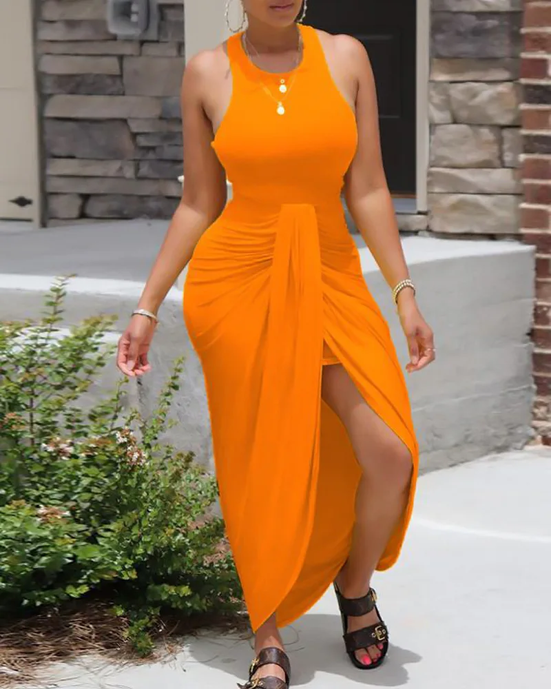 Sleeveless Ruched Draped Maxi Dress 2023 Women Bandage Y2k High Waist Swing Dress Summer Vestidos Bodycon Party Dresses Sexy 
Sleeveless Ruched Draped Maxi Dress 2023 Women Bandage Y2k High Waist Swing Dress Summer Vestidos Bodycon Party Dresses Sexy