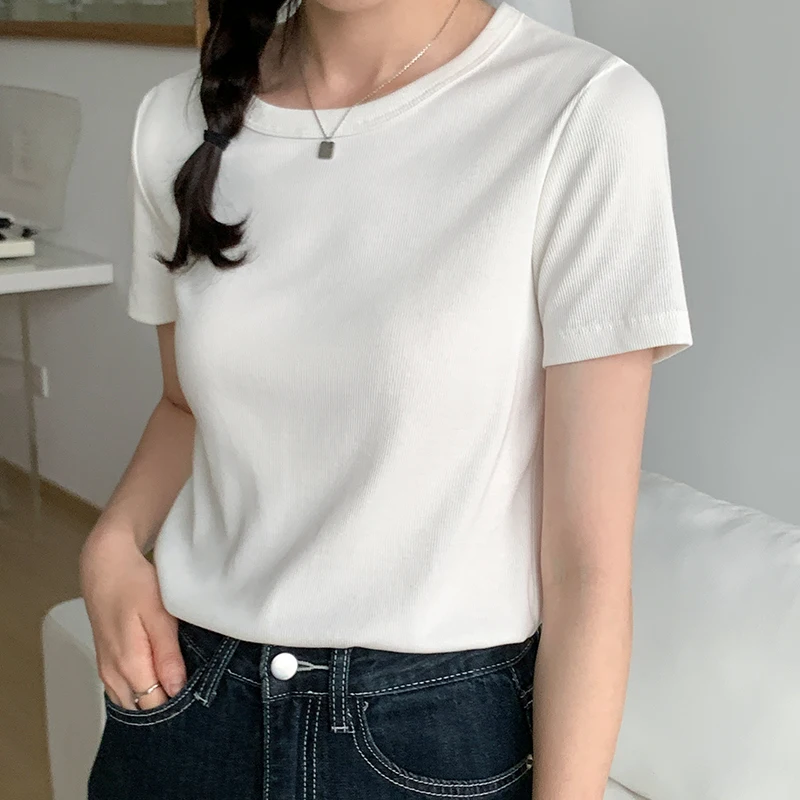 Повседневная хлопковая Футболка с круглым вырезом и коротким рукавом, Женская однотонная Базовая летняя облегающая футболка, женские повседневные универсальные Топы
Повседневная хлопковая Футболка с круглым вырезом и коротким рукавом, Женская однотонная Базовая летняя облегающая футболка, женские повседневные универсальные Топы