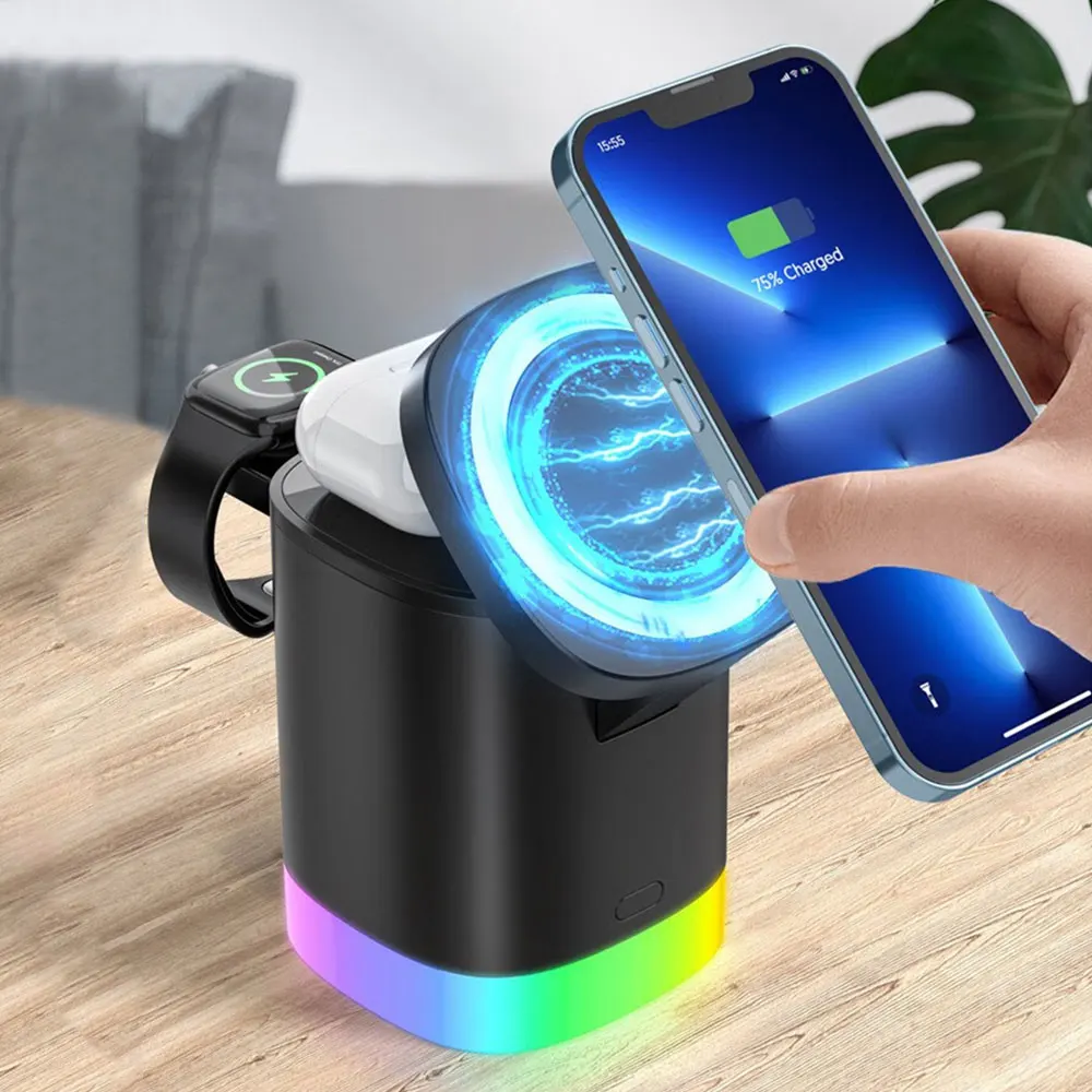 Magnetic Wireless Charger 3 In 1 For Apple Watch iPhone Qi Fast Charging Docking Station RBG Night Light Induction Charger Stand
Magnetic Wireless Charger 3 In 1 For Apple Watch iPhone Qi Fast Charging Docking Station RBG Night Light Induction Charger Stand