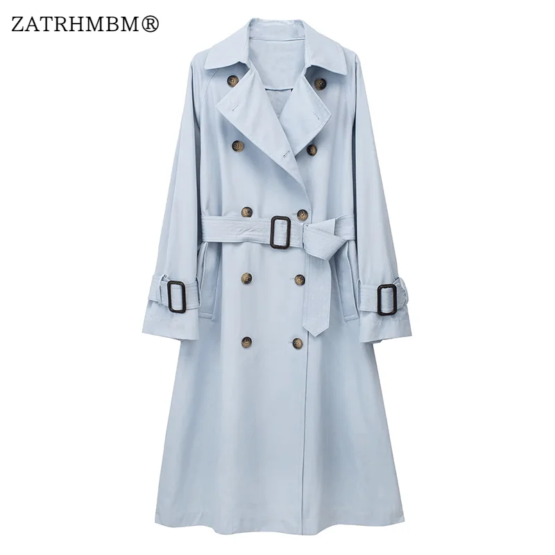 ZATRHMBM женский 2023 новый модный двубортный тренчкот Винтажный Длинный рукав с поясом Женская верхняя одежда шикарное пальто
