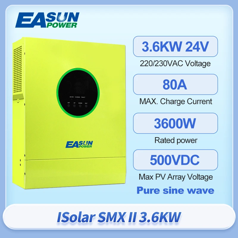 EASUN Solar Inverter Pure Sine Wave 5.6KW MPPT 80A Charger 500VDC PV Voltage 230V 50/60HZ 48V Can Work Without Battery
EASUN Solar Inverter Pure Sine Wave 5.6KW MPPT 80A Charger 500VDC PV Voltage 230V 50/60HZ 48V Can Work Without Battery