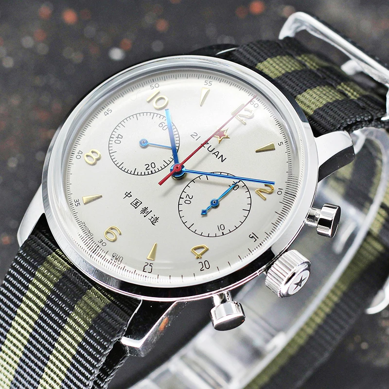 

42mm 1963 Chronograph Air Force Mechanical Watch 21 Zuan Pilot ST19 Movement with Gooseneck Sapphire Hardlex Wristwatch