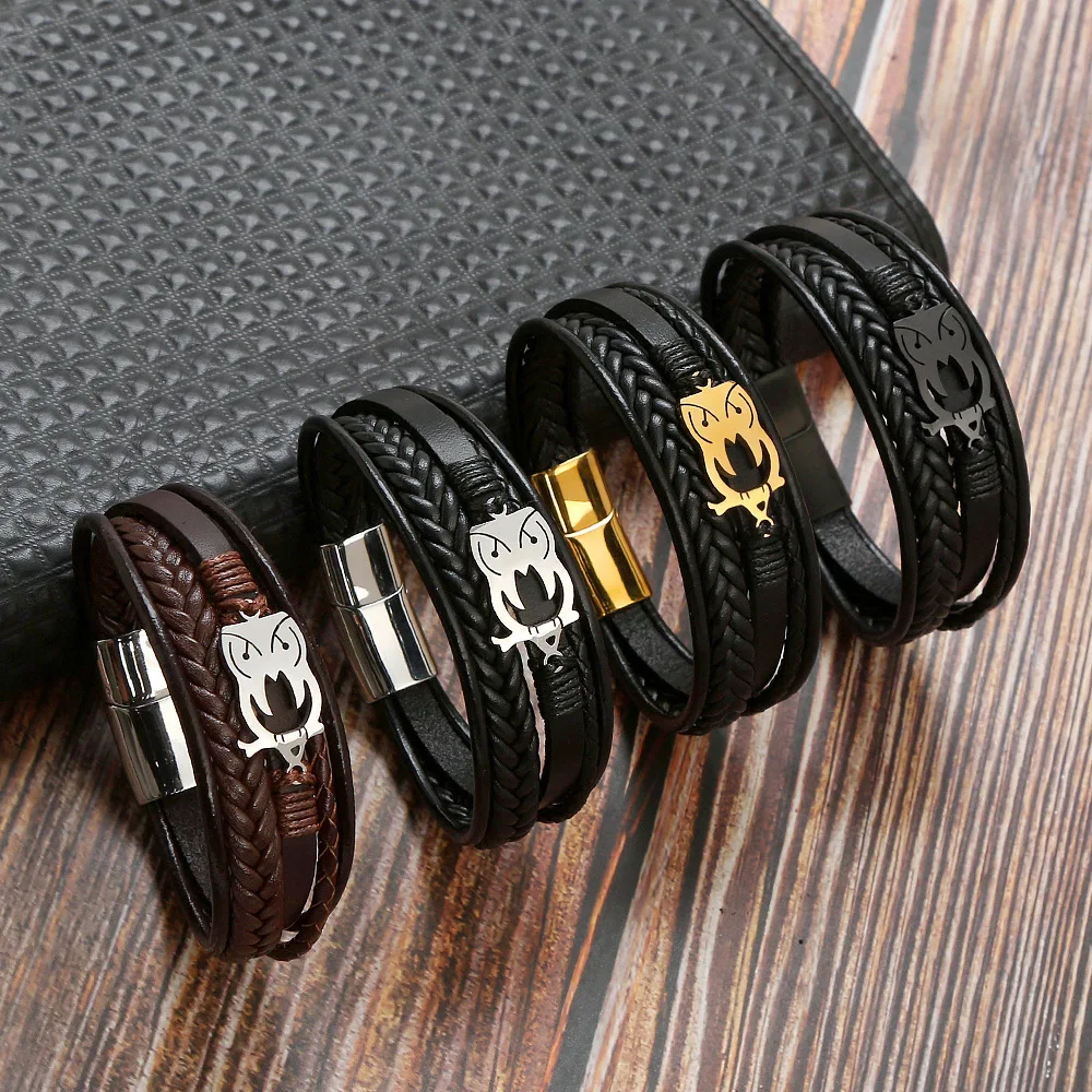

New Trendy Leather Stainless Steel Braided Bracelet Punk Cool Multilayer Leather Bracelet for Men Birthday Gift