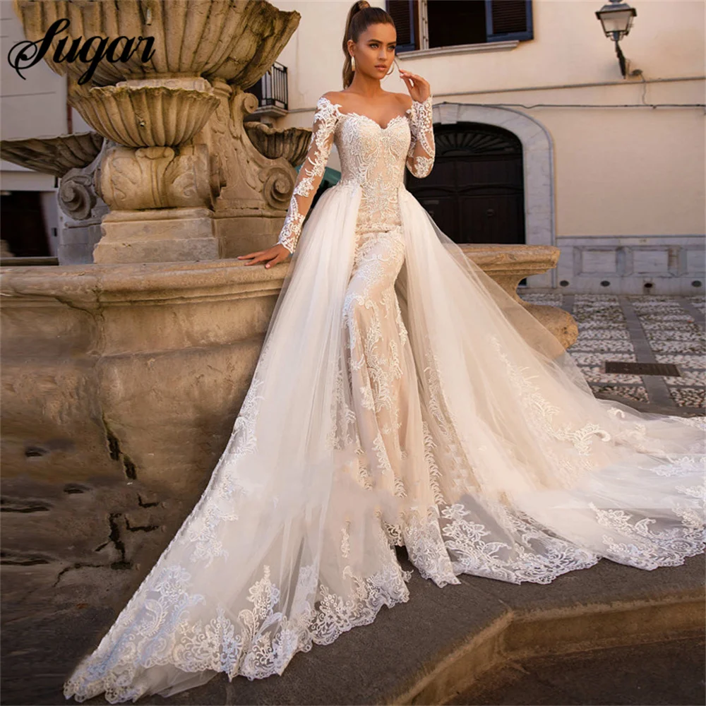 Luxury Mermaid Lace Wedding Dress Detachable Train Fashion Sweetheart Long Sleeves Bride Dress Buttons Tulle Vestido De Novia
Luxury Mermaid Lace Wedding Dress Detachable Train Fashion Sweetheart Long Sleeves Bride Dress Buttons Tulle Vestido De Novia