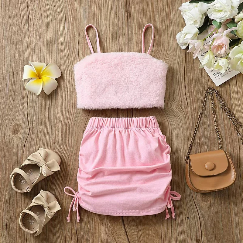 

2-7Y Children Girls Fashion Skirt SetsToddler Girls Summer Pink Sleeveless Plush Camisole Ruched Drawstring Skirt Set 2pcs