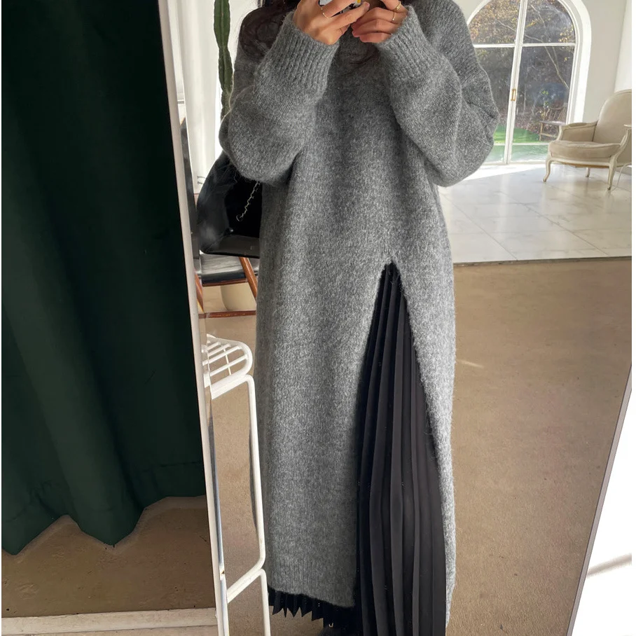2023 Korean Elegant Split Autumn Knitted Sweater Dress Women O-Neck Vintage Midi Dress Loose Party Dresses Solid Color Straight
2023 Korean Elegant Split Autumn Knitted Sweater Dress Women O-Neck Vintage Midi Dress Loose Party Dresses Solid Color Straight