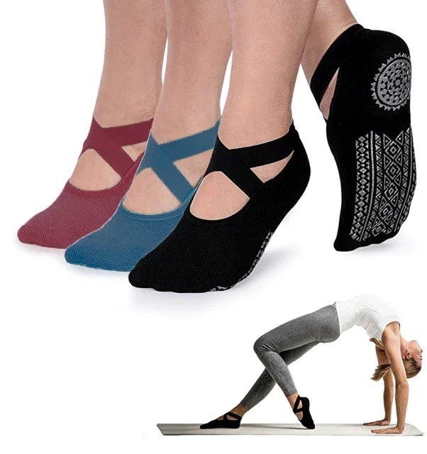 

NEW Yoga Socks for Women Non-Slip Grips & Straps Bandage Cotton Sock Ideal for Pilates Pure Barre Ballet Dance Barefoot Workout