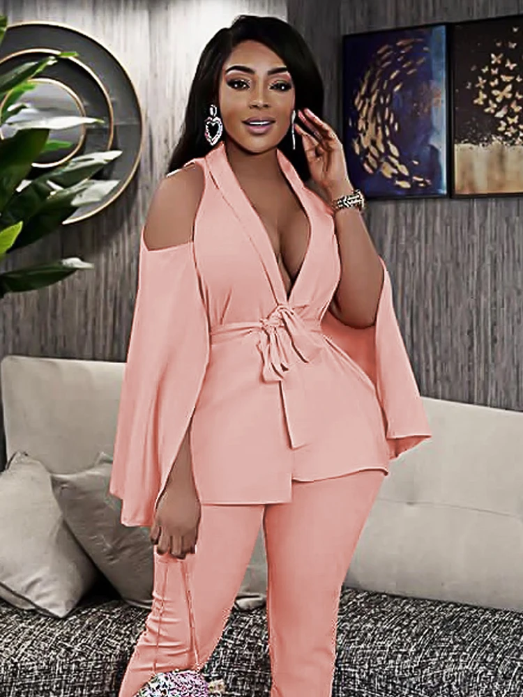 

Women Pink Blazer Jacket Cold Shoulder Cape Poncho Sleeve Belted Button Elegant Lady Spring Summer Cloak Coat for Party Business