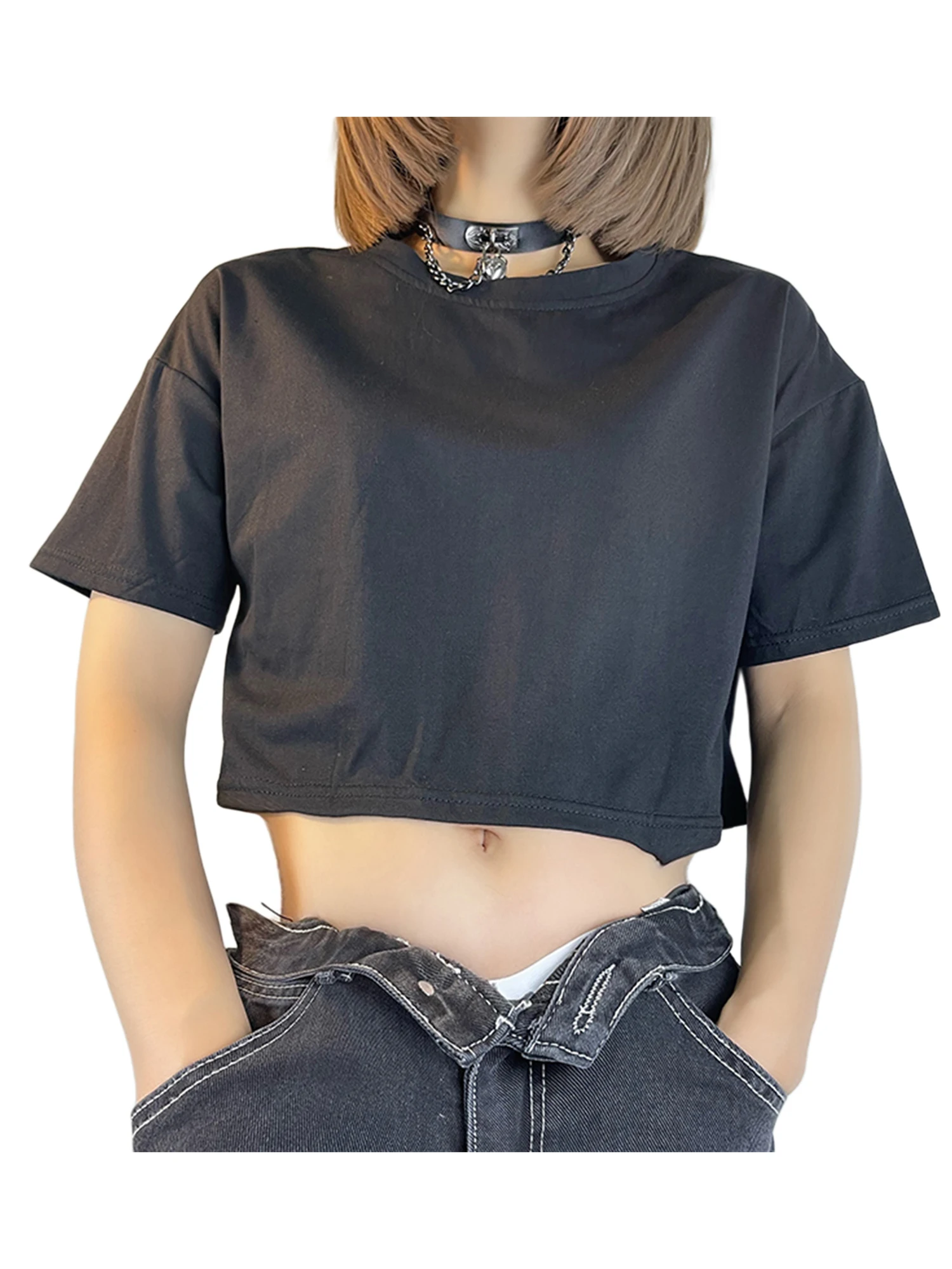 Женский короткий топ с коротким рукавом и круглым вырезом
Женский короткий топ с коротким рукавом и круглым вырезом