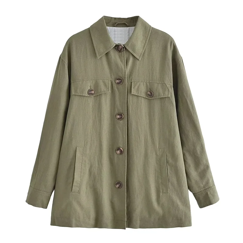 

TRAF Woman Khaki Basic Jacket 2023 Summer Lapel Collar Front Button Turned-up Cuffs Long Sleeves High Street Outwear Jacket
