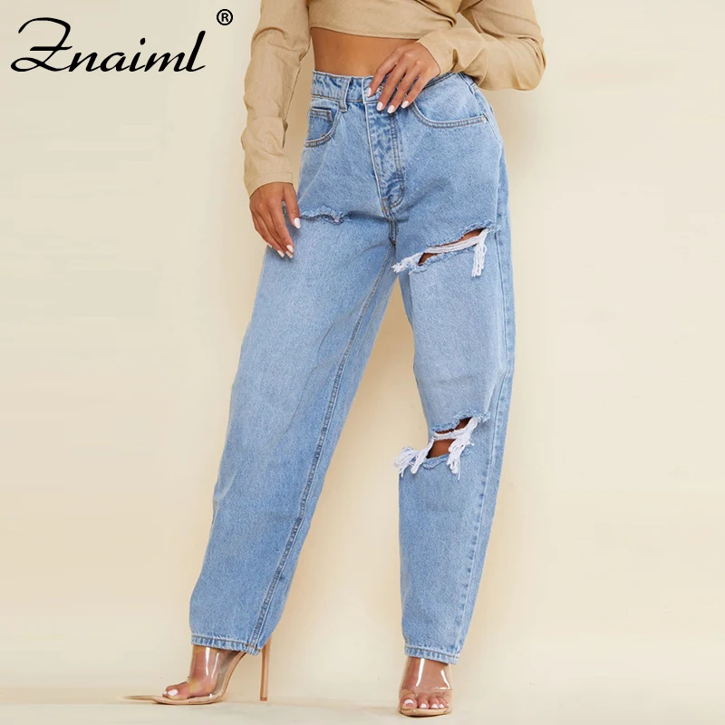 

Znaiml Quality Cotton Denim Baggy Jeans High Waist Ripped Harem Pants Blue Hole Wide Leg Mom Jean Casual Street OL Comfy Trouser