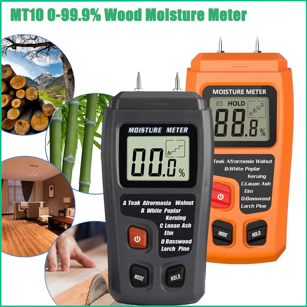 

MT10 Wood Moisture Meter 0-99.9% Two Pins Wood Humidity Tester Hygrometer Timber Damp Detector Tree Density Measuring Tool