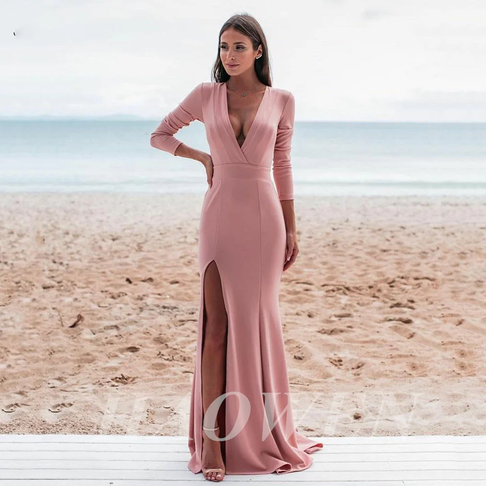 HAOWEN Elegant Pink Mermaid Prom Dresses Pleated Sexy Deep V Neck Satin Long Sleeves Side Slit Evening Party Dresses ZipperBack
HAOWEN Elegant Pink Mermaid Prom Dresses Pleated Sexy Deep V Neck Satin Long Sleeves Side Slit Evening Party Dresses ZipperBack