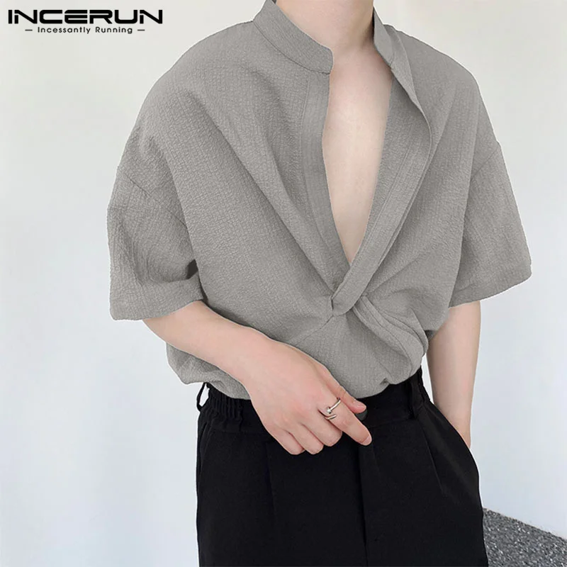 Men Shirt Solid Color Stand Collar Short Sleeve Summer Loose Streetwear Irregular Shirts 2023 Casual Men Clothing S-5XL INCERUN 
Men Shirt Solid Color Stand Collar Short Sleeve Summer Loose Streetwear Irregular Shirts 2023 Casual Men Clothing S-5XL INCERUN