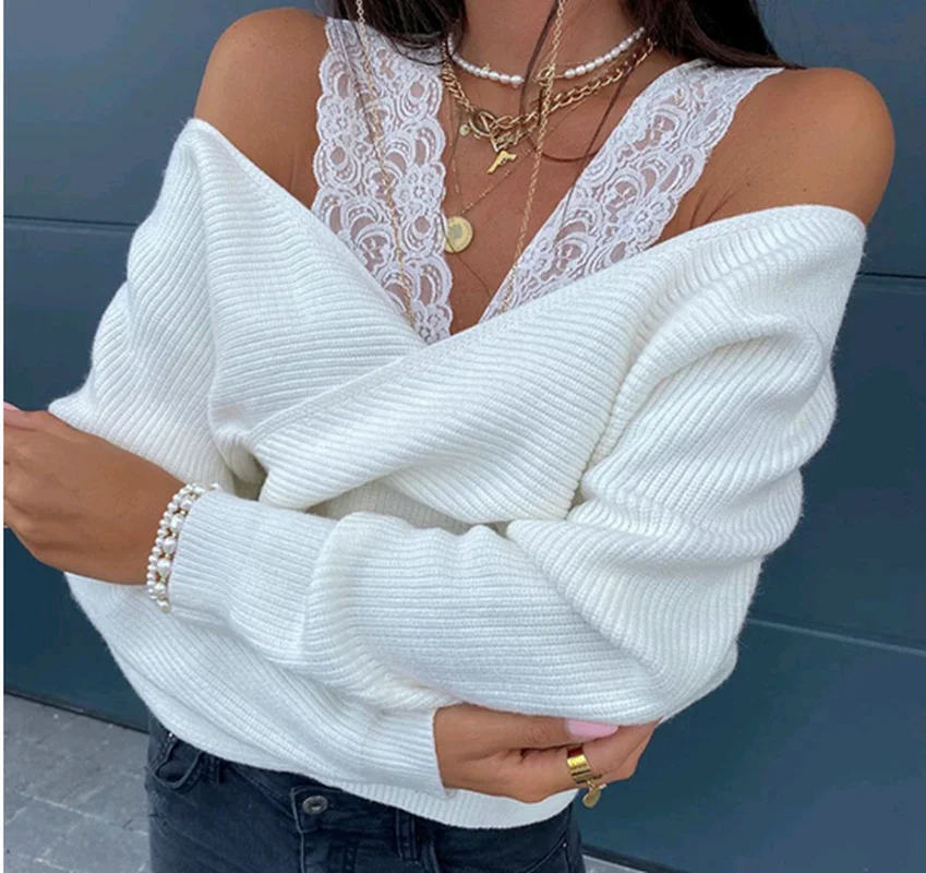 Sexy Solid Color Lace V-neck Sling Strapless Long-sleeved Women's Top Casual Elegant Knitted All-match Office Stitching T-shirt
Sexy Solid Color Lace V-neck Sling Strapless Long-sleeved Women's Top Casual Elegant Knitted All-match Office Stitching T-shirt