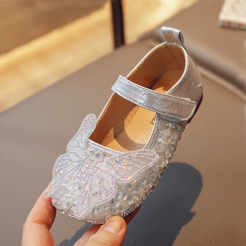 

Little Kid Bowknot Rhinestone Shoes Girl Hoop & Loop Mary Jane Shoe Baby Child 2023 Spring Round Toes Flat Shallow Shoe 22-31