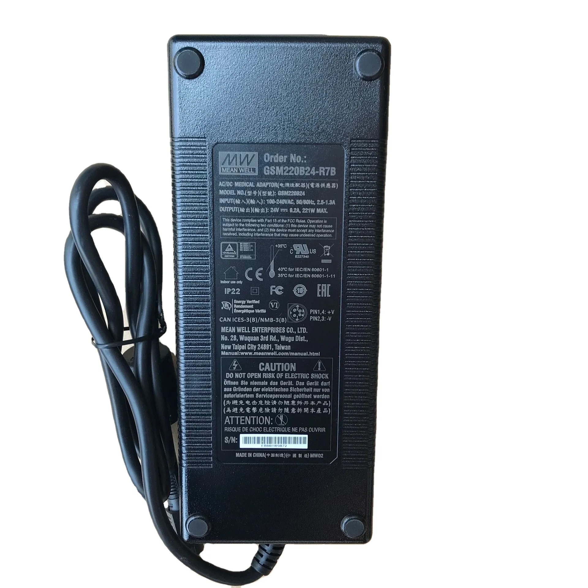 Mean Well GSM220B20-R7B 20V 220W AC-DC high reliability green medical adapter Standard plug, Power DIN 4P with lock
Mean Well GSM220B20-R7B 20V 220W AC-DC high reliability green medical adapter Standard plug, Power DIN 4P with lock